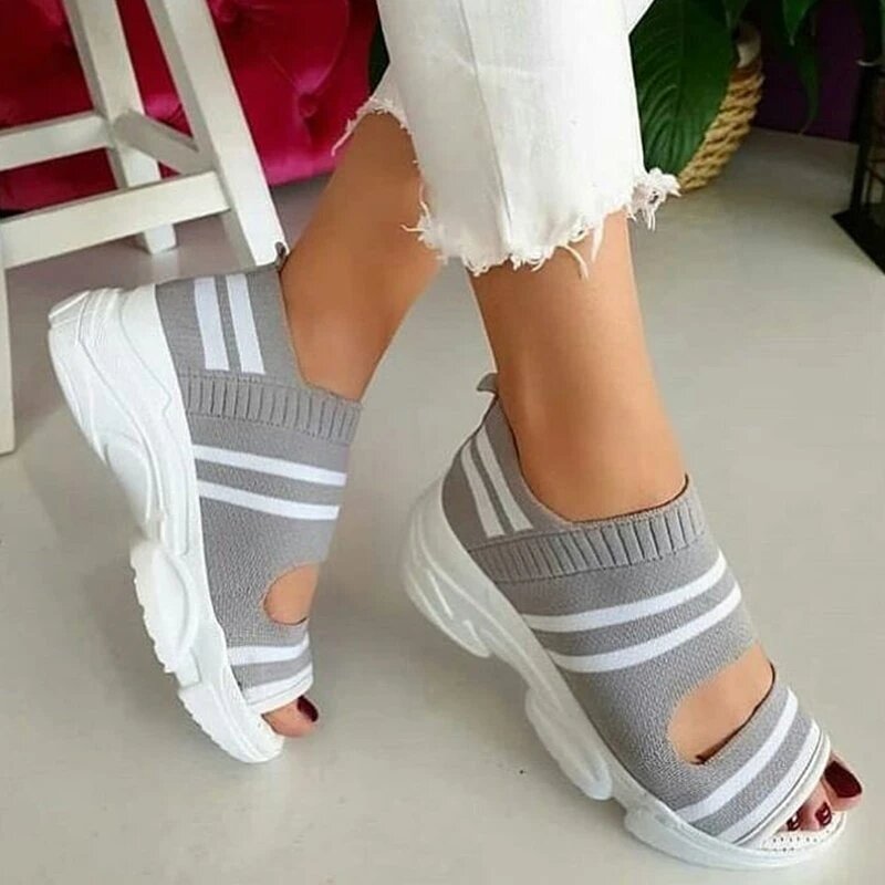 New Women Sandals 2022 High Heels Platform Women Shoes Summer Casual Female Sneakers Knitting Slip On Peep Toe Women Sandals