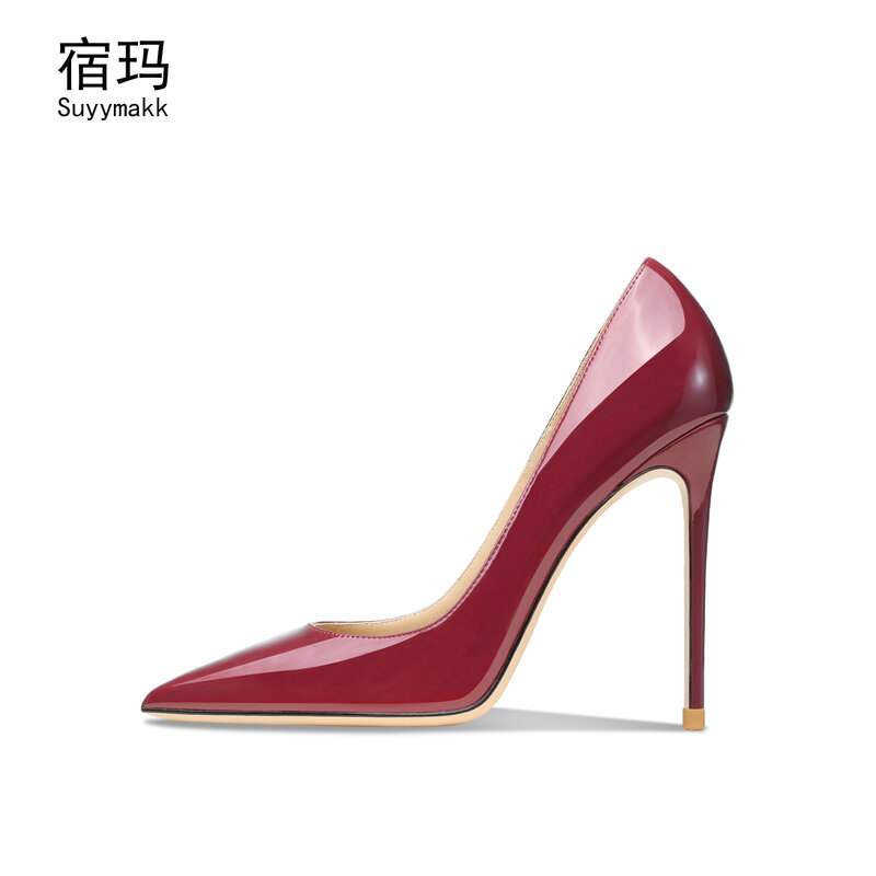 Couro real 2022 para as mulheres saltos altos patente apontou dedo do pé stiletto clássicos vermelhos bombas sexy senhoras vestido de festa sapatos de dança clube