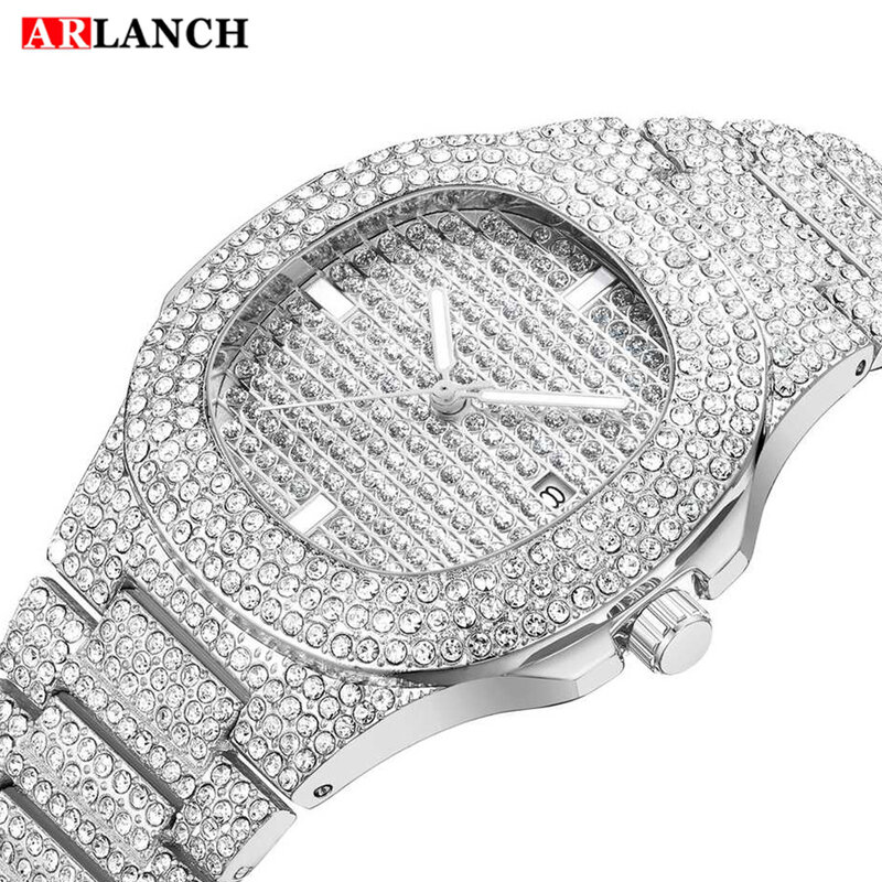 Relógio de aço diamante gelado para homens, relógios Hip Hop, relógio de ouro luxuoso, marca superior, moda, 2021