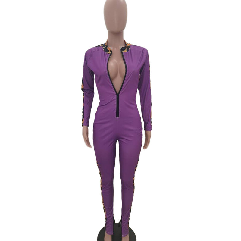BKLD Purple Sexy Bodycon Jumpsuit Romper Long Sleeve Leopard Patchwork Bodysuit Women Zipper V-Neck Elegant 2019 Club Jumpsuits