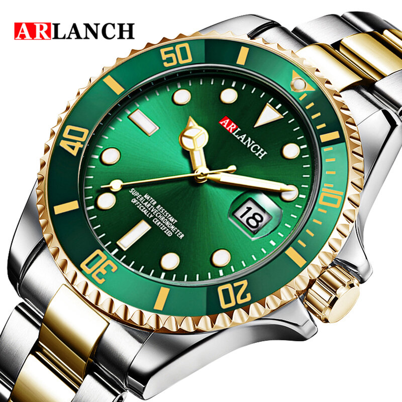 ARLANCH-신상품 패션 남성 시계, 골드 그린 스틸 쿼츠 손목 시계, 남성용 녹색 남성 시계, 스포츠 시계, 남성용 시계