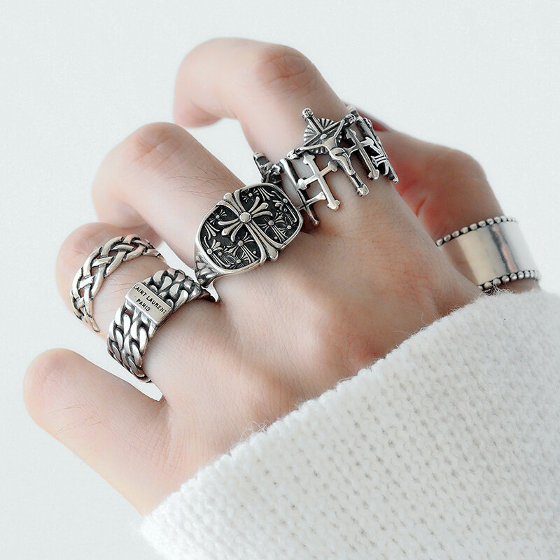Retro English Alphabet Ring Female Gothic Old Cross Chain Openning Rings For Women Party Gift