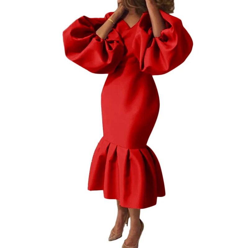 Gaun Afrika untuk Wanita 2021 Gaun Warna Solid Lengan Panjang Leher-v Wanita Afrika Musim Semi Pakaian Afrika