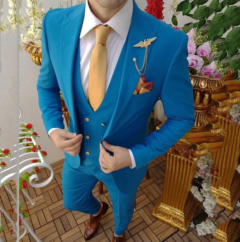 Formale Männer Anzüge Blau 2020 Slim Fit Kerbe Revers Bräutigam Anzug Herren Smoking Blazer Hochzeit/Prom Anzüge 3 Stück (Blazer + Weste + Hosen)