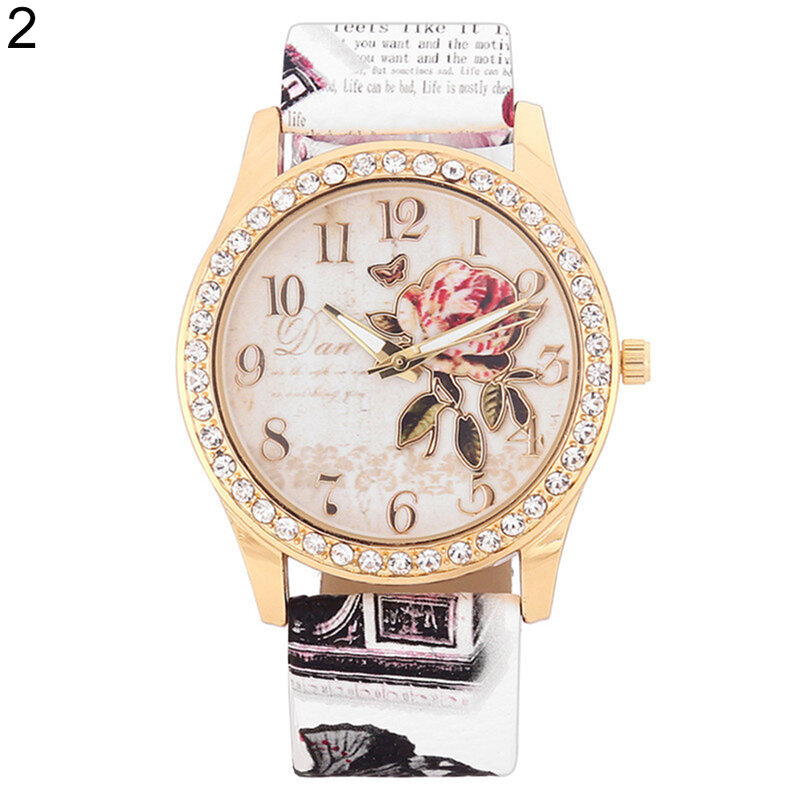 Reloj de pulsera con estampado de rosa para mujer, cronógrafo informal de cuarzo con diamantes de imitación, a la moda