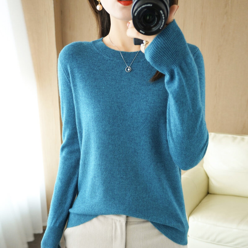 여성용 기본 라운드넥 니트 보터밍 셔츠, 루즈한 단색 긴팔 상의, 와일드 패션 스웨터, 2021 가을 겨울 신상