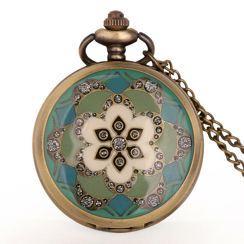 Reloj de bolsillo de bronce con pantalla de flores para hombres y mujeres, relojes Fob de cuarzo para damas, los mejores regalos con cadena