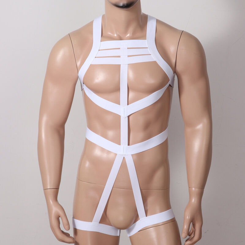 Corpo masculino ombro peito cinto chicote de fios alças elásticas criss cruz volta oco para fora uma peça jockstrap bodysuit