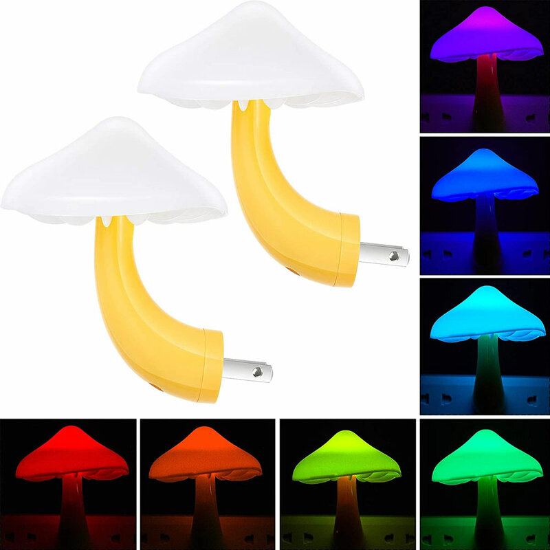Mushroom LED Night Light, Plug in Lamp, 7 Color Changing, bonito sensor de luz, luzes noturnas para adultos e crianças