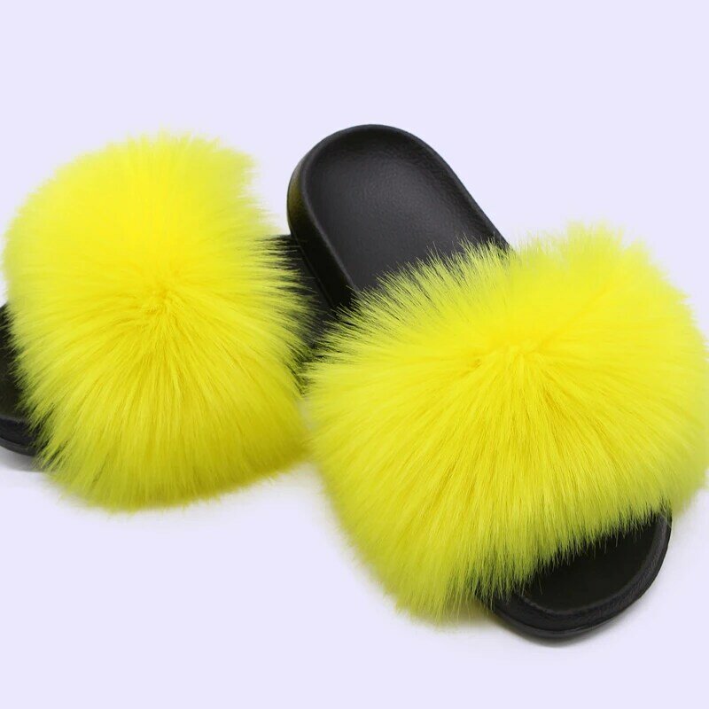 Frauen Sommer Faux Pelz Fuchs Fell Hausschuhe Mode Luxus Innen und Im Freien Nicht-Slip Einfarbig Flachen Boden pelzigen Sandalen