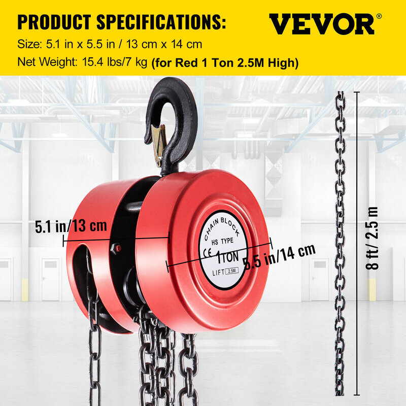 VEVOR رافعة بالسلاسل سلسلة كتلة 1/2/3Ton (2200/4400/6600 رطل) قدرة 8/15 قدم رفع ارتفاع البناء الصلب الأحمر الأصفر