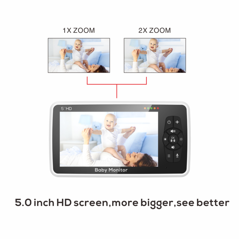 Babyphone vidéo 5 pouces avec caméra et Audio, Zoom x4, batterie 22h, portée 1000 pieds, capteur de température Audio à 2 voies, berceuse, nouveauté