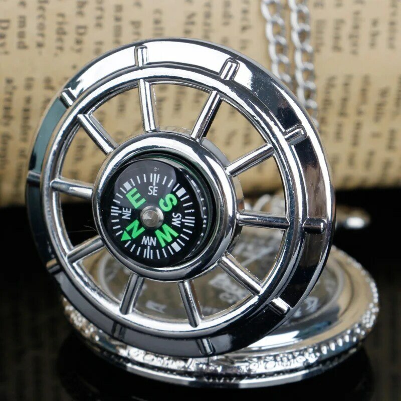 Relógio de bolso vintage oco esqueleto prata, requintado design bússola, preto estrelado, mostrador redondo, antigo relógio pingente, presentes retro