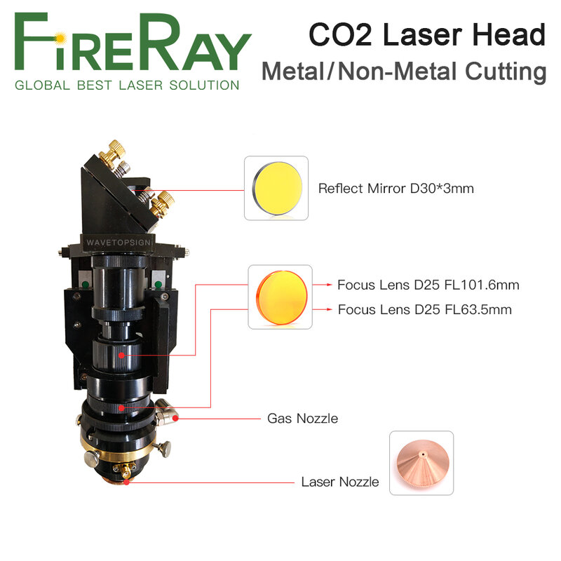 Fireray-cabezal de corte láser de CO2 mixto, lente de enfoque de 500W, 25x63,5, 25x101,6mm, espejo reflectante, enfoque automático híbrido de Metal no metálico, 30x3mm