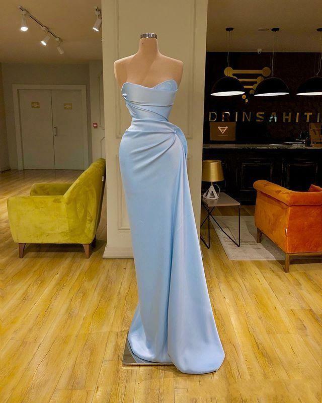 Light Blue Bridesmaid Dresses Sheath Mermaid Plus Size Long Satin Split Maid Of Honor Wedding Guest Dress Mixed Styles Prom Gown