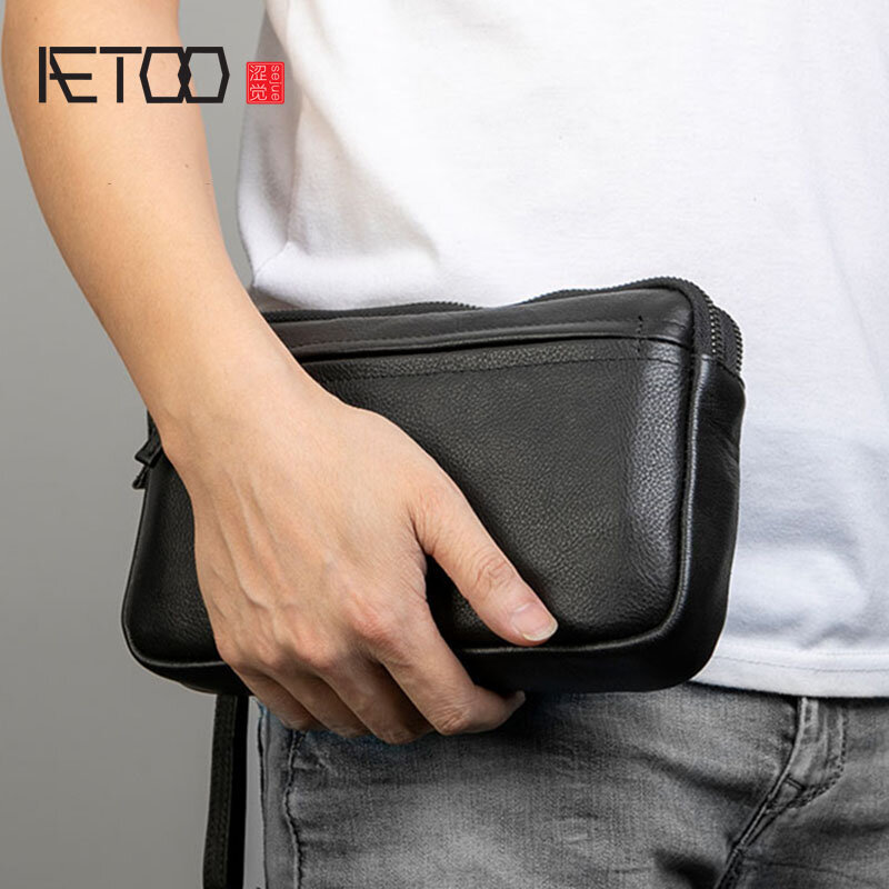 AETOO-Bolso de mano de cuero para hombre, bolso de mano con pulsera, informal, tendencia
