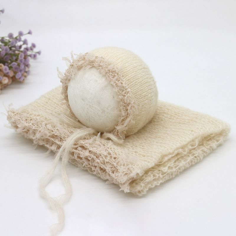 2 Pcs/set Newborn Photography Props Baby Blanket Lace Wrap with Hat Cute Stretch Soft Mohair Tassel Baby Blanket Swaddle