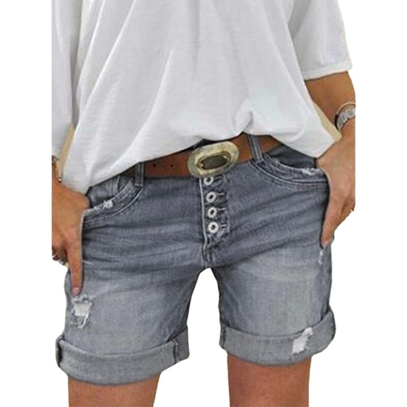 Shorts jeans sexy rasgados para mulheres, jeans de botão para senhoras, calças curtas regulares, plus size, verão