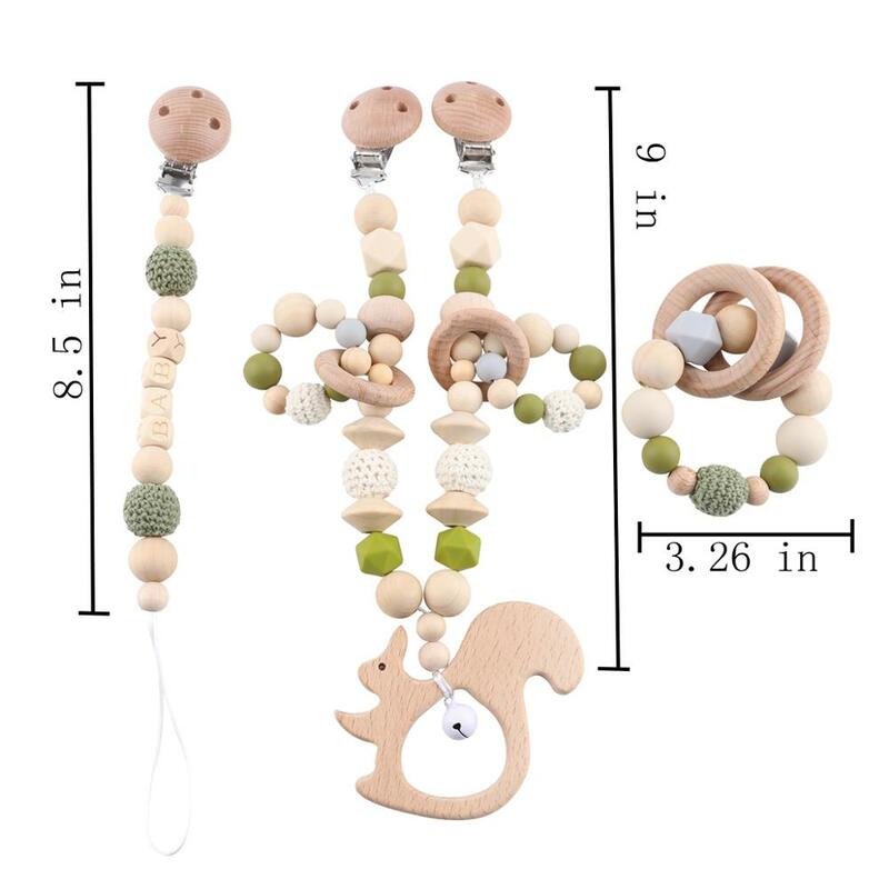 Bebê brinquedos silicone grânulos mordedores anéis de madeira artesanal pulseira chupeta clipes de corrente dentição carrinho de bebê sino produtos do bebê