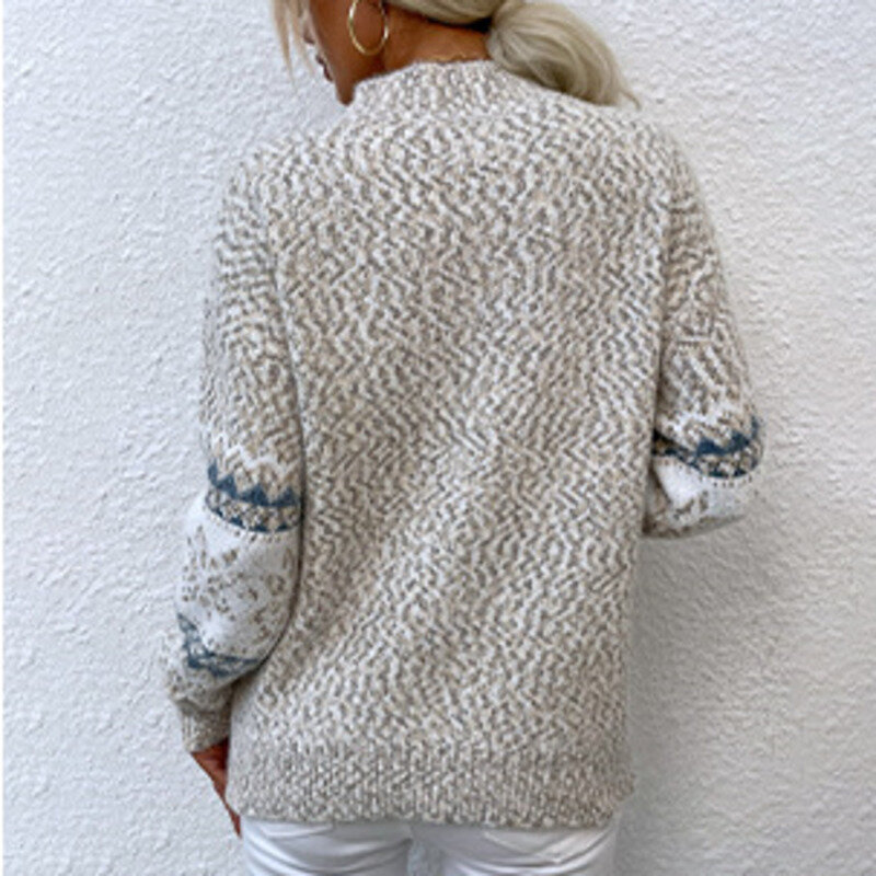 New Knitted Sweater Women Mock Neck Long Sleeve Pullover Female Jumper Snowflake Printed Knitwear Straight Top Autumn Winter