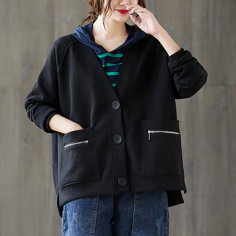 Casual Women's Coat Jacket 2023 New Spring Autumn Short V-Neck Single-Breasted Loose Green Black Outerwear Hoodie Female Tops