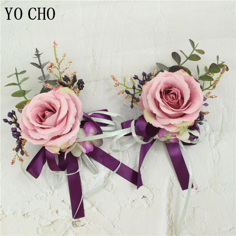 YO CHO Gelang Pengiring Pengantin Korsase Pergelangan Tangan Pernikahan Gelang Bunga Sutra Pin Boutonniere Aksesori Saksi Pernikahan