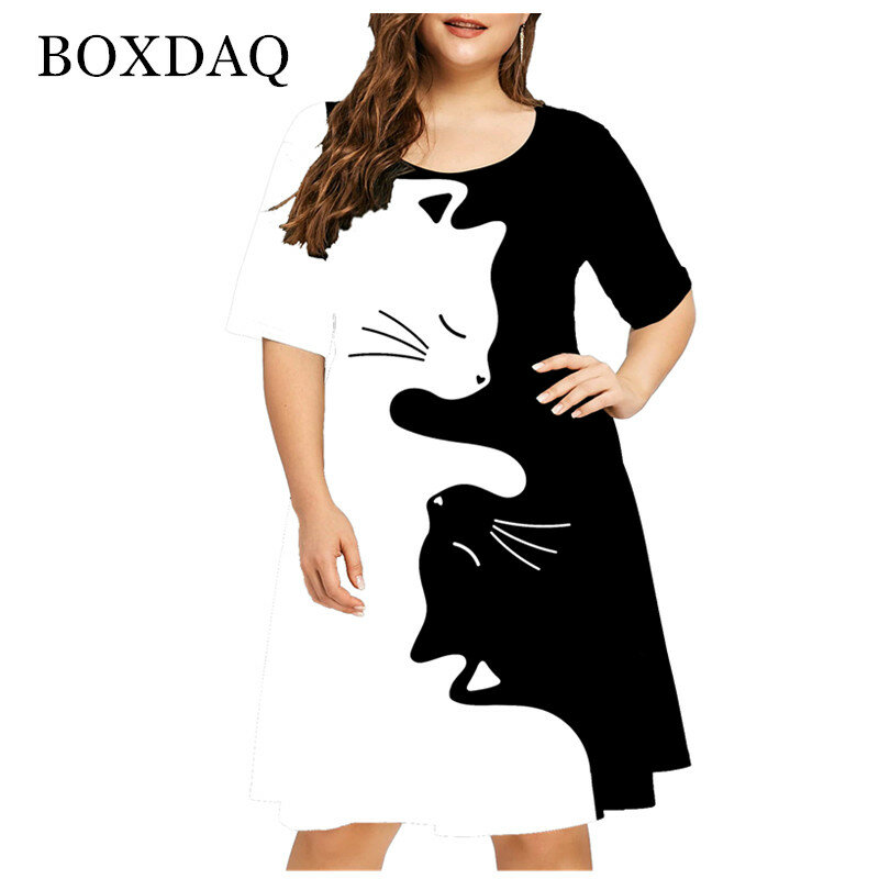 Neue 2021 Sommer Frauen Nette Katze Druck Kleid Casual Kurzarm Damen Mini Kleid Street Fashion Plus Größe Frauen Kleidung 4XL