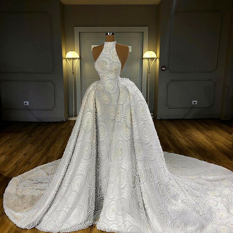 Luxo círculo contas pérolas 2 em 1 vestido de casamento 2020 sexy halter pescoço casamento vestidos de noiva com destacável trem robe de mariee
