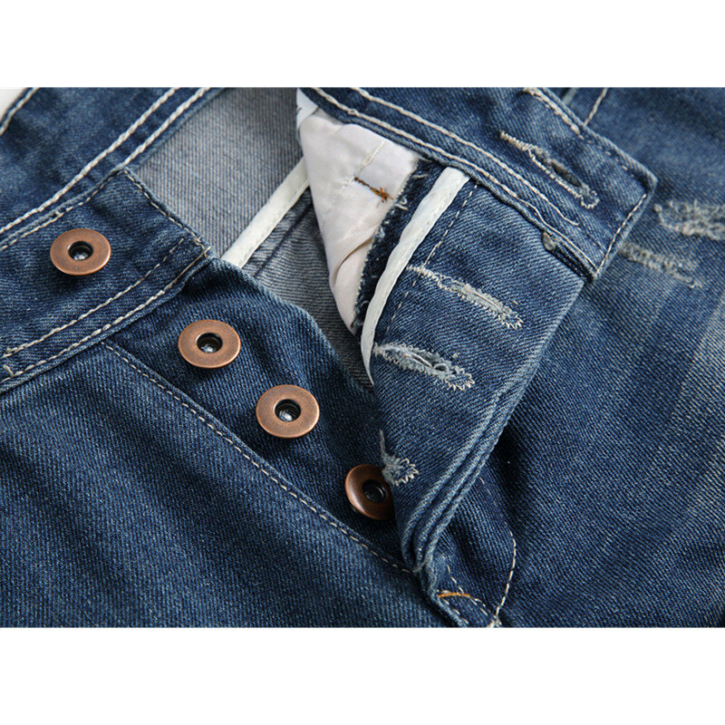 Nowe mody Beckham z dziurami hip-hopowe męskie dopasowane dżinsy spodnie guziki myte Vintage ołówkowe spodnie jeansowe Pantalones Hombre