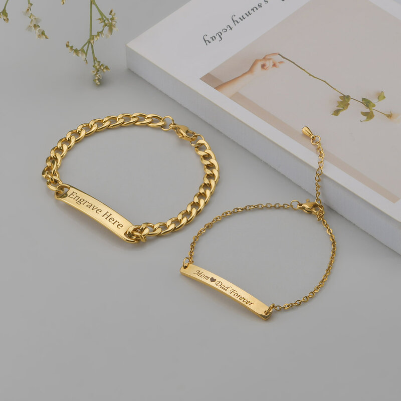 Akizoom Punk incidere nome braccialetti personalizzati colore oro acciaio inossidabile catena a mano spessa coppia personalizzata uomo donna gioielli regalo
