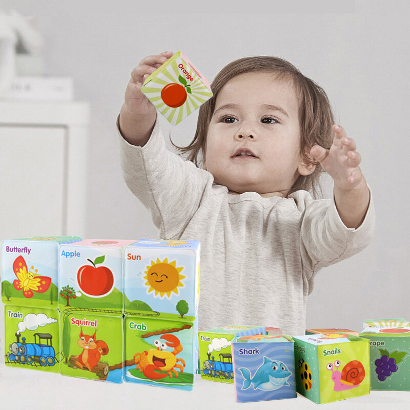 Blocos de construção Montessori para bebê, conjunto de cubos macios, brinquedos sensoriais, brinquedo educativo precoce, brinquedos chocalho para crianças, 0-12 meses, 1 ano