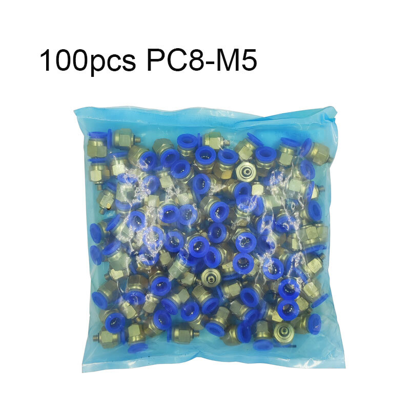 100PCS PC8-M5 8มม.ท่อ5MM Pneumatic Fitting Air ตัวเชื่อมต่อตรงผ่าน Quick Connecors Fitttings ด้ายชาย