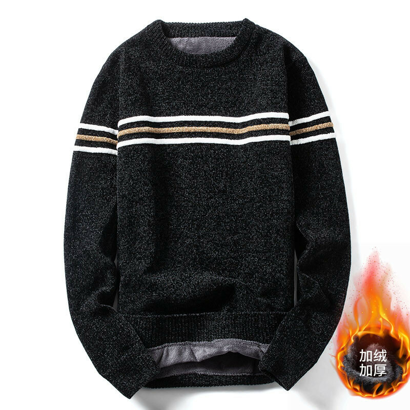 2019 Men Sweater Plush thickened O Neck Striped Slim Fit Knittwear Mens Sweaters Pullovers Men Pull