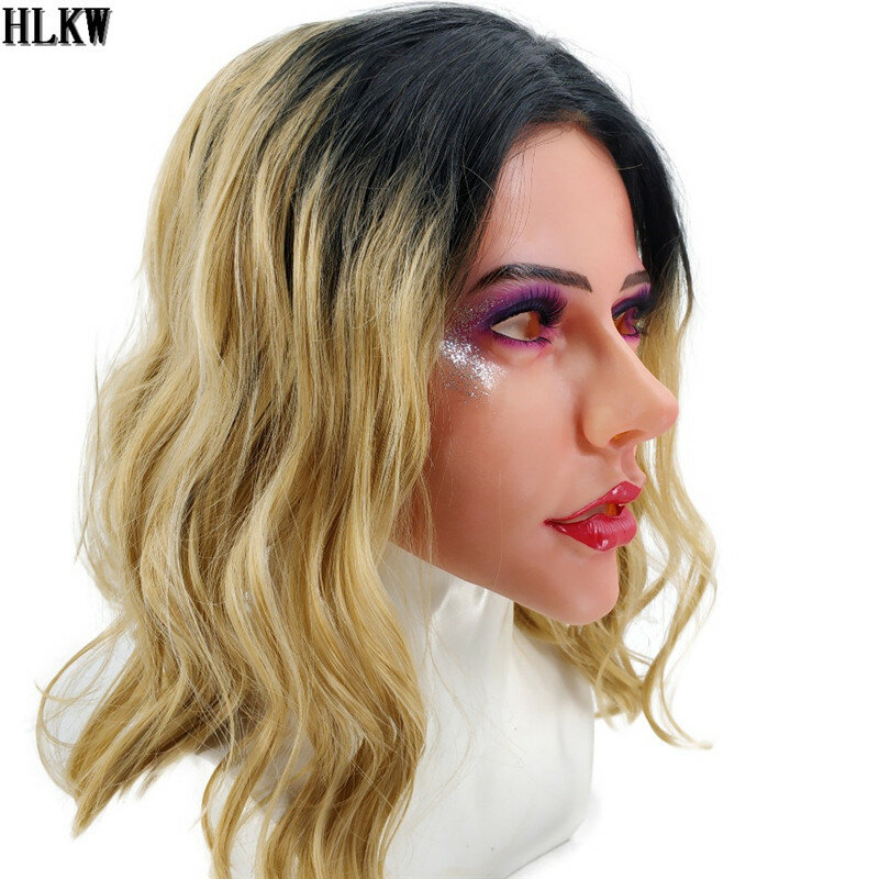 Máscara facial de silicona suave rubia sexi máscara de cabeza femenina realista hecha a mano para disfraz de travesti o transgénero