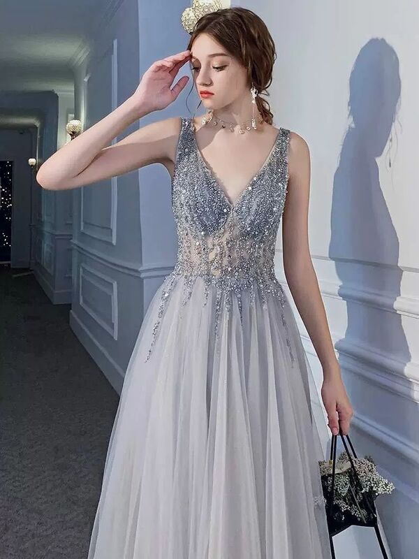 Gray Evening Dresses V-Neck Lace Beading Sequined Backless Split Sleeveless Long Wedding Formal Party Prom Gowns Robes De Soirée