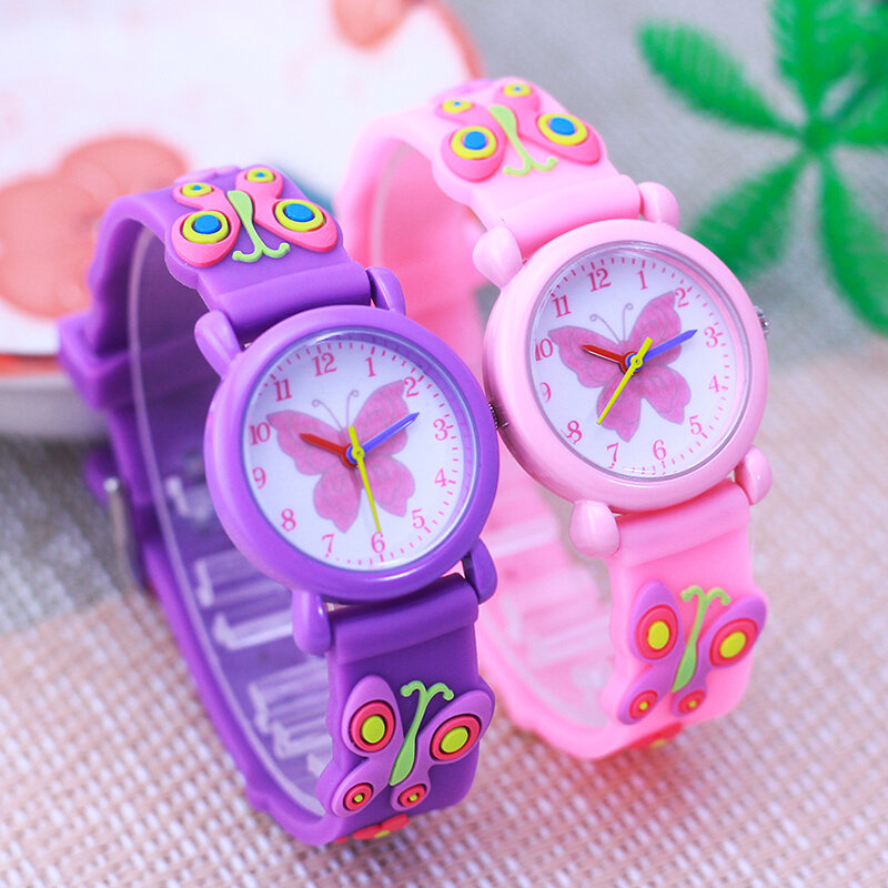2024 детские модные красивые розовые часы для девочек и студентов, маленькие детские часы с силиконовым ремешком и бабочкой, водостойкие часы