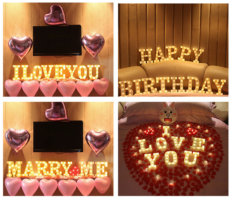 Letras LED luminosas, luz nocturna creativa, alfabeto inglés, número, lámpara de batería, decoración romántica para fiesta de boda, regalo