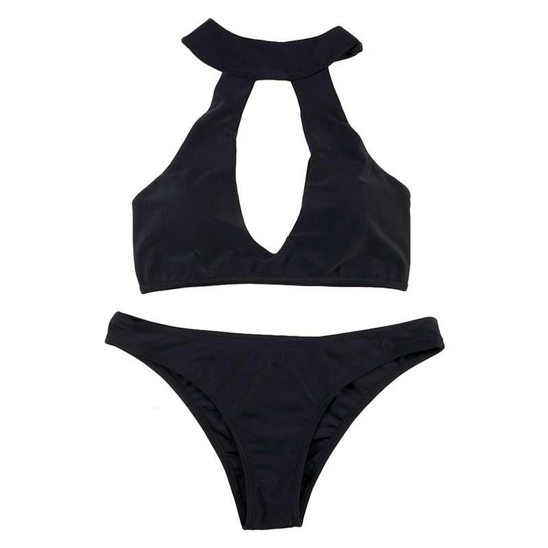 Women's Deep V Neck Sexy Bikini Pure Black Chest Pad Swimsuit XL Good Quality Comfortable