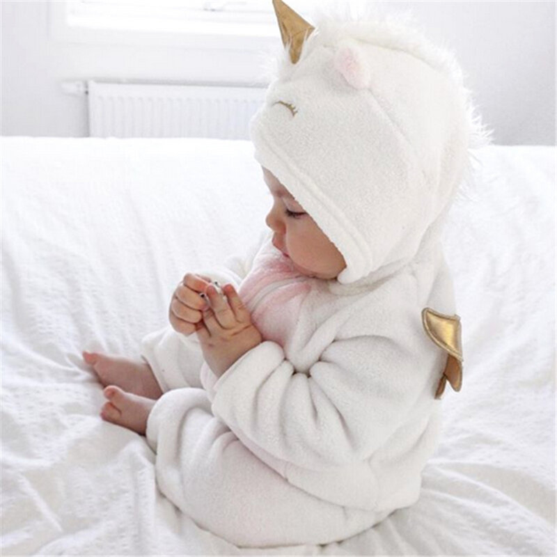 2019 nowa jesienno-zimowa noworodka dziewczynka ubrania śliczne 3D jednorożec flanelowe z długim rękawem zamek ciepły kombinezon Romper ubrania