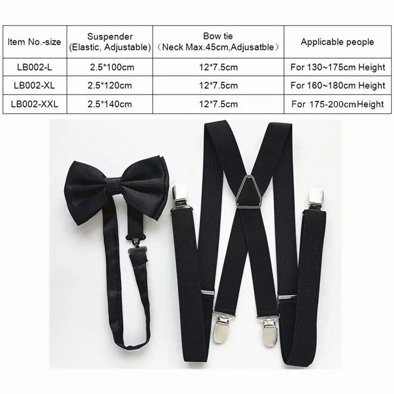 Conjunto de tirantes para hombre y mujer, set de corbata de cuello, tirantes elásticos, 4 clips, color negro, LB002