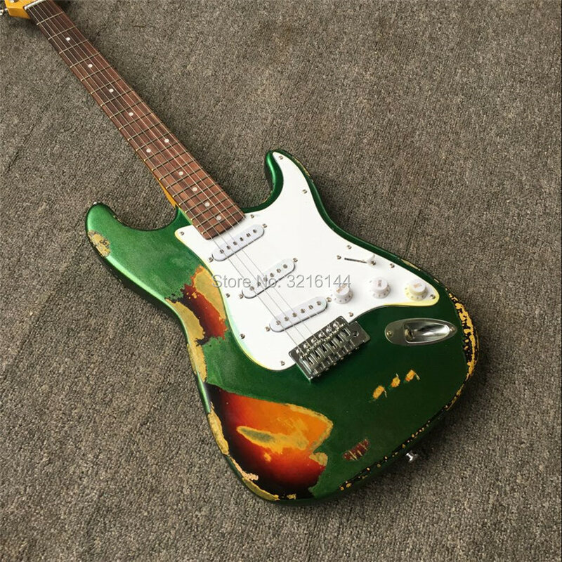 Em estoque guitarras de relíquia antigas feitas à mão, fotos reais, atacado e varejo. Faça guitarras antigas, cor verde metálico