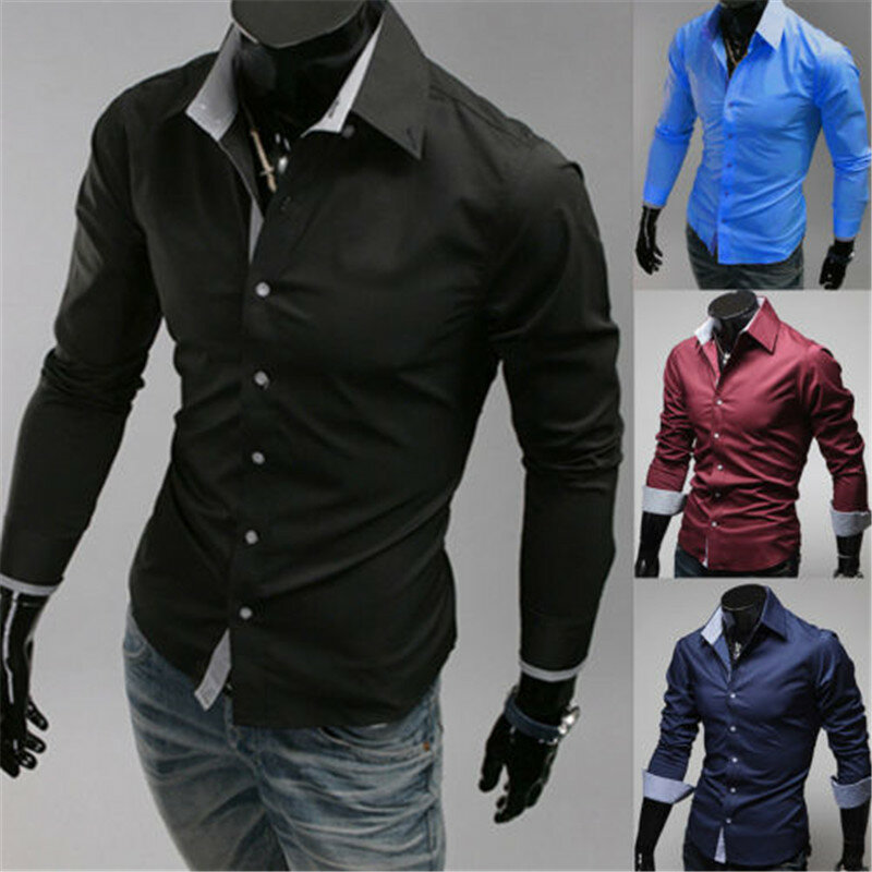새로운 패션 남자 럭셔리 세련된 캐주얼 드레스 셔츠 긴 소매 슬림 맞는 셔츠 남자 슬림 캐주얼 셔츠