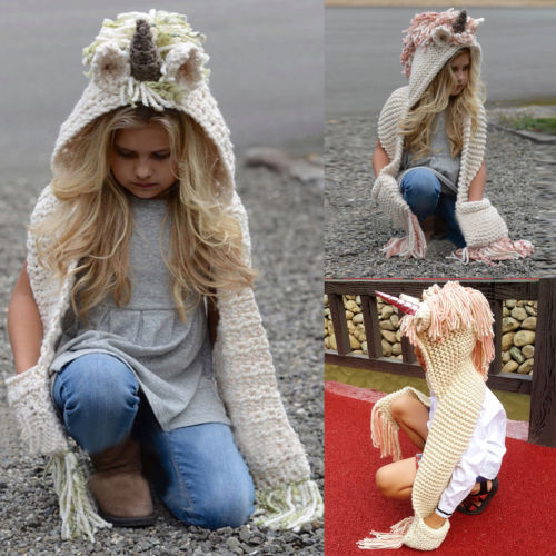 Cachecol Com Capuz Animal unicórnio Moletom Com Capuz Inverno Cowl Crochet Malha Beanie Hat Kid 2-12Y