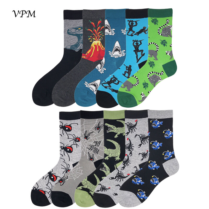 VPM-Calcetines de algodón 85% para hombre, medias divertidas de estilo Harajuku, dinosaurio, Araña, escorpión, tiburón, Hip Hop, para regalo, novedad