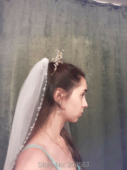 Ein-Schicht Weiß oder Elfenbein Perlen Hochzeit Schleier Tüll Kristall Schleier für Braut mit Kamm MM