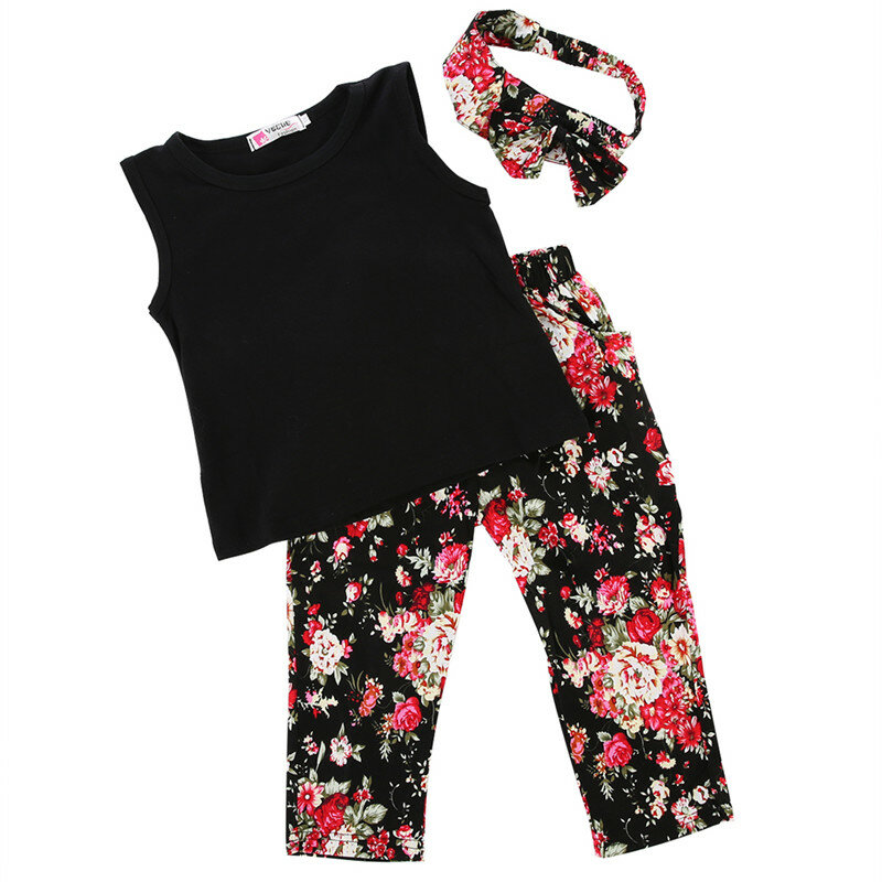 Dziecko dziewczyny ubrania 3 sztuk 2019 lato berbeć dziewczynek kwiatowy Print Top T koszula spodnie z pałąkiem na głowę stroje zestaw roupa infantil