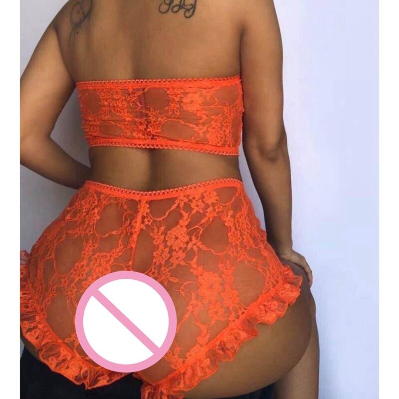 2 Buah Pakaian Tidur Wanita Renda Bunga Seksi Set Piyama Lingerie G-string Pinggang Tinggi