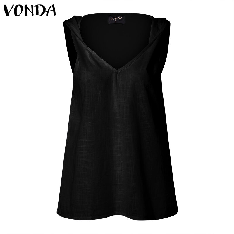 VONDA Women Cotton Tops Shirts 2019 Summer Sexy Sleeveless V Neck Tank Tops Plus Size Shirts Female Casual Loose Solid Blouses