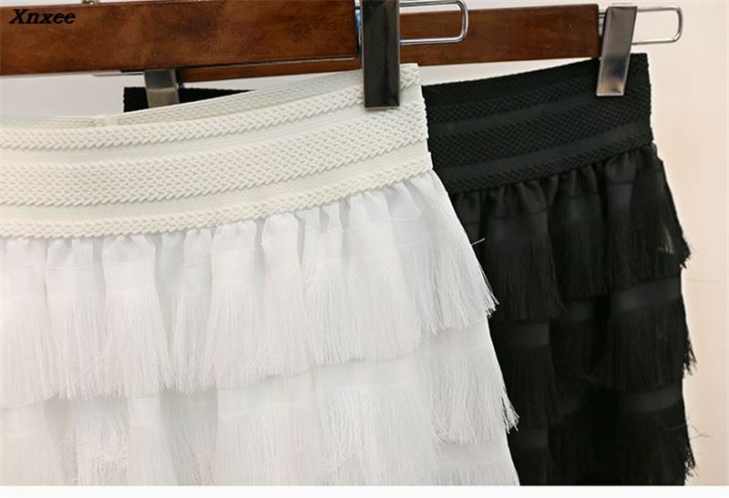Women High Waist Skirt Summer Solid Pleated Skirts Womens Saias Midi Faldas Vintage Elegant Female Tassel Tulle Skirt Xnxee