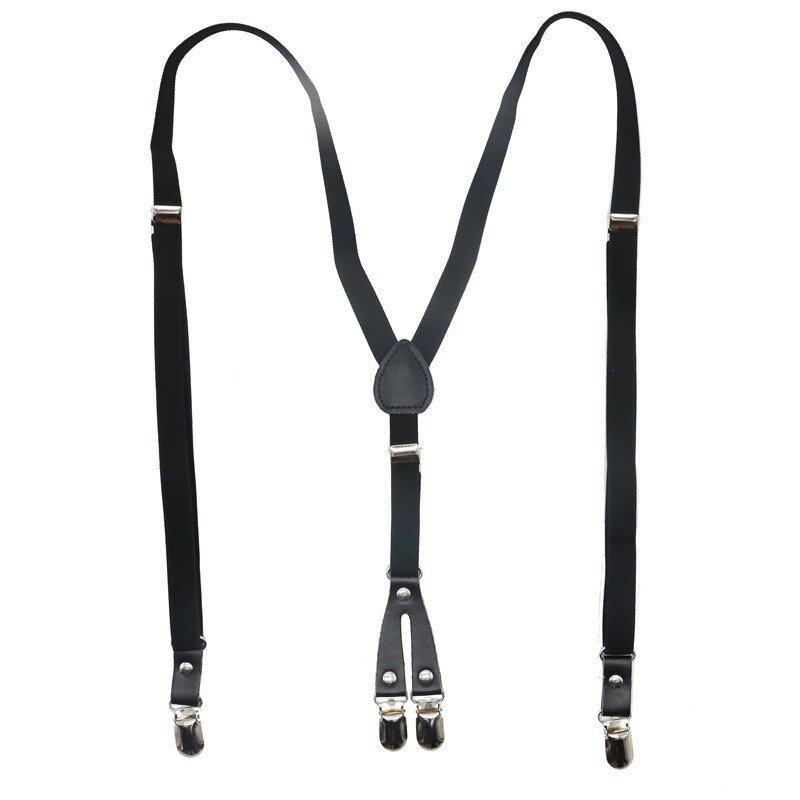 X Kembali 4 Klip Slim Kurus Hitam Padat Pria Suspender untuk Pria 1.5 Cm Celana dengan Adjustable suspender